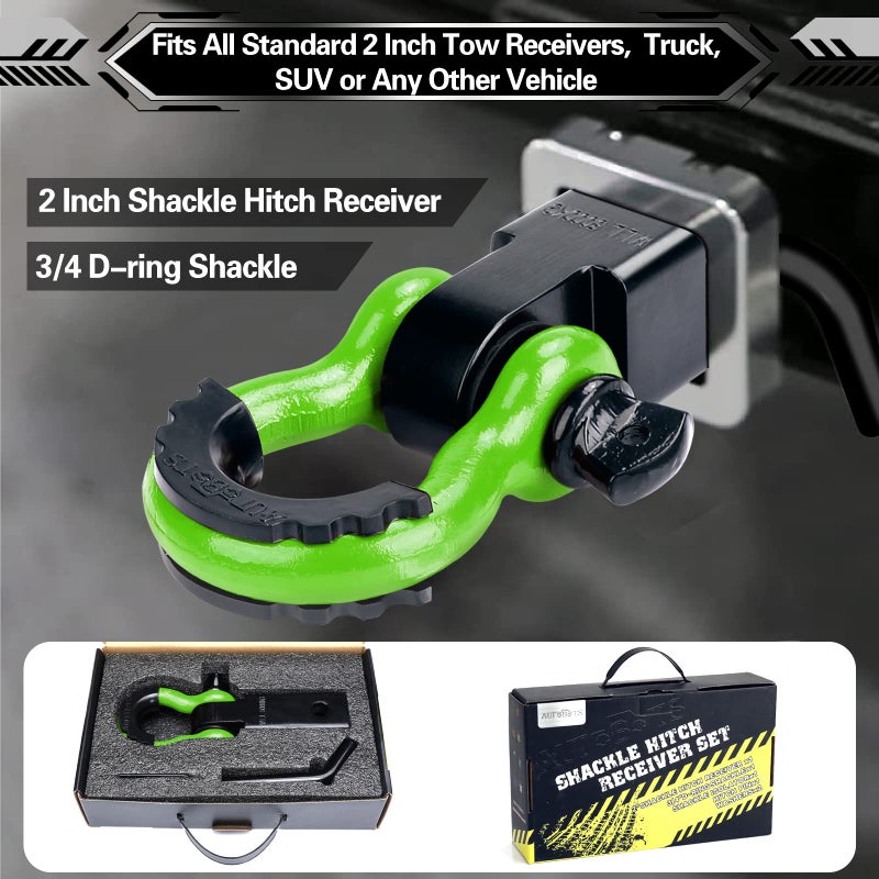 AUTOBOTS Shackle Hitch Receiver 2", 45,000 Lbs Break Strength Heavy Duty Receiver with 5/8" Screw Pin, 3/4" D Ring Shackles, Towing Accessories for Vehicle Recovery Off-Road, Green&Black - Image 5
